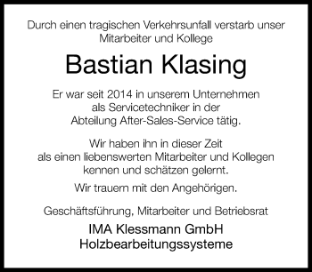 Traueranzeige von Bastian Klasing von Neue Westfälische