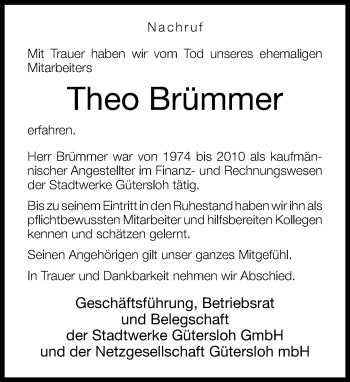 Traueranzeige von Theo Brümmer von Neue Westfälische