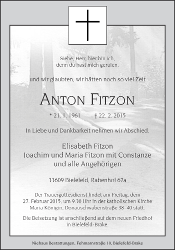 Traueranzeige von Anton Fitzon von Neue Westfälische