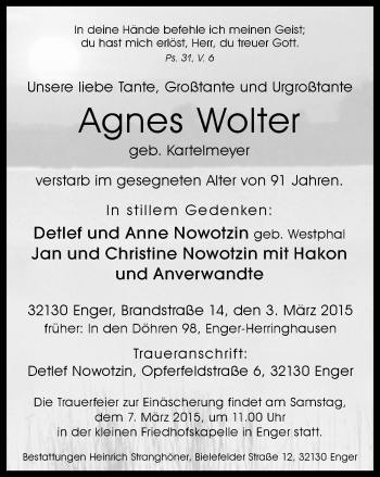 Traueranzeige von Agnes Wolter von Neue Westfälische