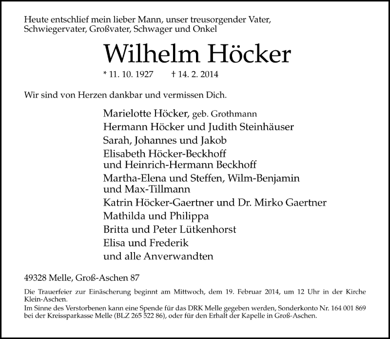  Traueranzeige für Wilhelm Höcker vom 14.02.2014 aus Neue Westfälische