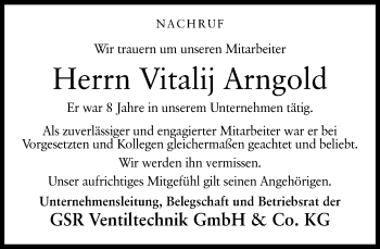 Traueranzeige von Vitalij Arngold von Neue Westfälische