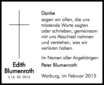 Traueranzeige von Edith Blumenroth von Neue Westfälische
