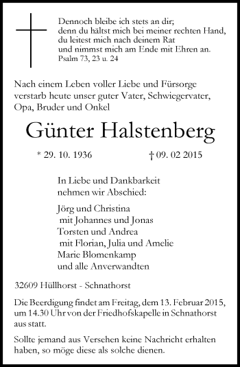 Traueranzeige von Günter Halstenberg von Neue Westfälische