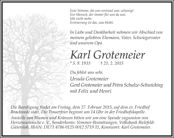 Traueranzeige von Karl Grotemeier von Neue Westfälische