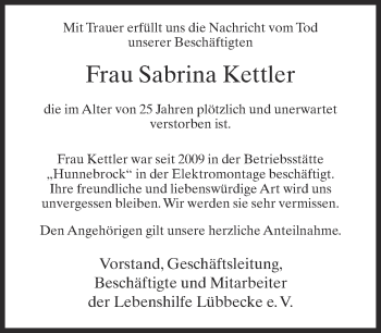 Traueranzeige von Sabrina Kettler von Neue Westfälische