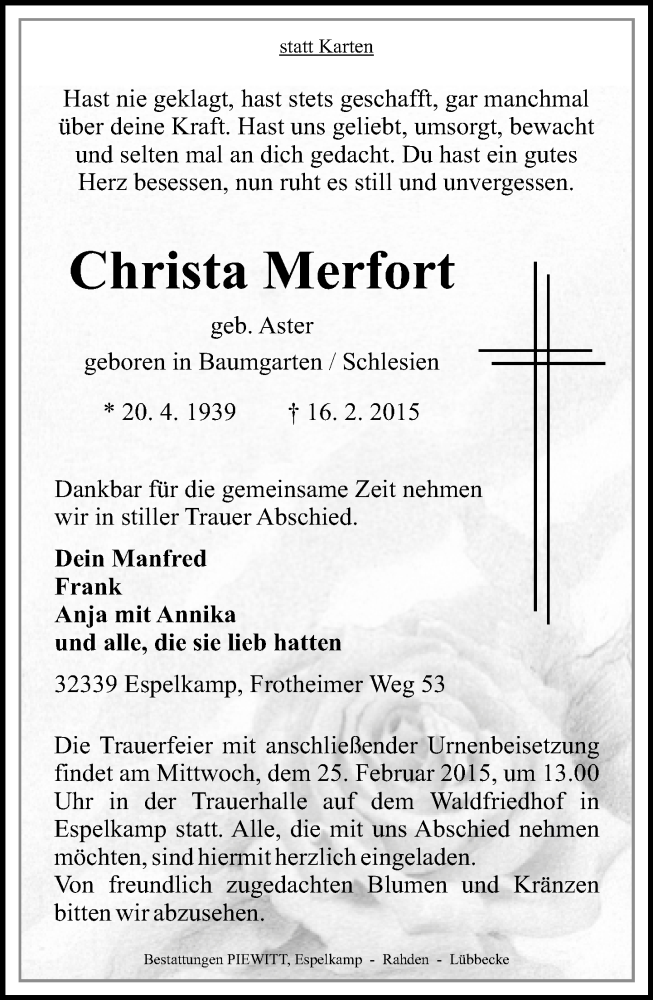  Traueranzeige für Christa Merfort vom 21.02.2015 aus Neue Westfälische