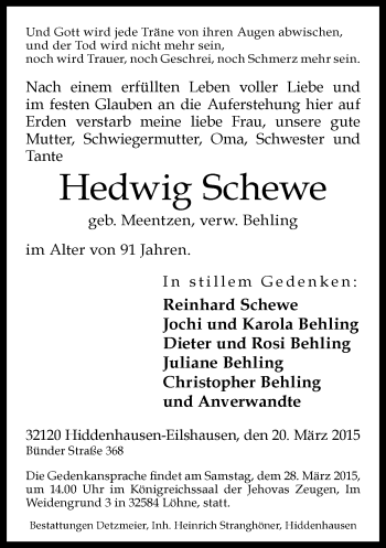 Traueranzeige von Hedwig Schewe von Neue Westfälische