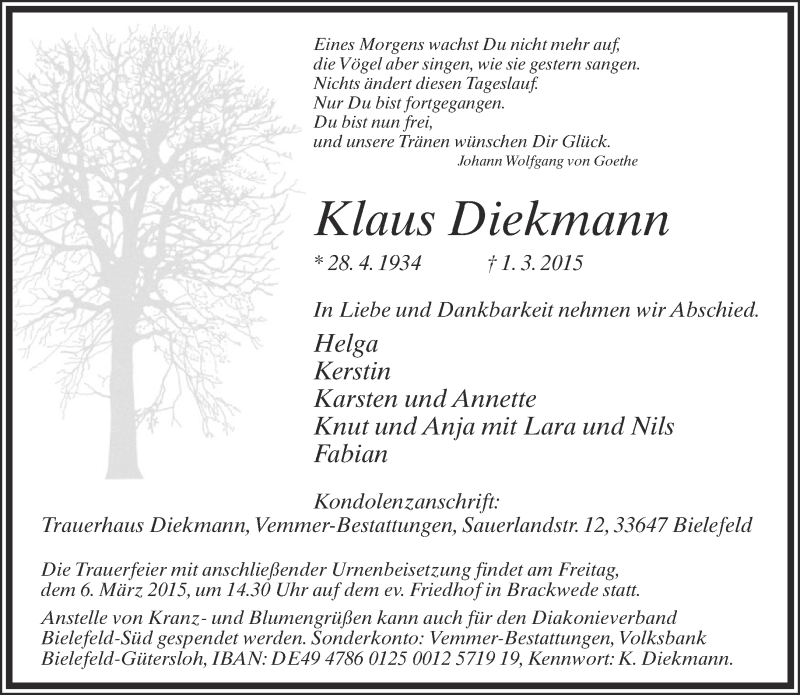  Traueranzeige für Klaus Diekmann vom 03.03.2015 aus Neue Westfälische