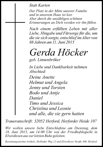 Traueranzeige von Gerda Höcker von Neue Westfälische