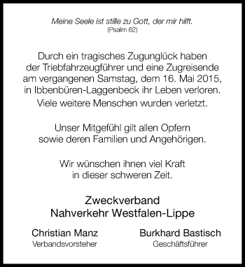 Traueranzeige von Kondolenz Zugunglück Ibbenbüren Zweckverband Nahverkehr von Neue Westfälische