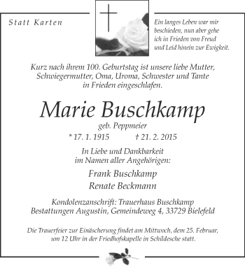 Traueranzeige von Marie Buschkamp von Neue Westfälische