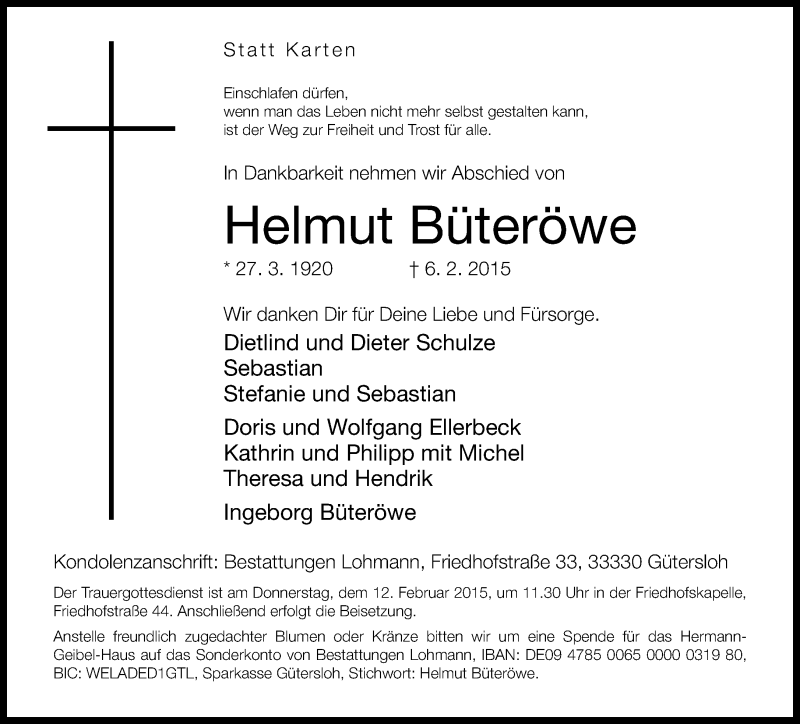  Traueranzeige für Helmut Büteröwe vom 09.02.2015 aus Neue Westfälische