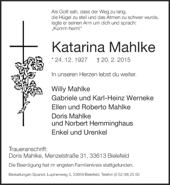 Traueranzeige von Katarina Mahlke von Neue Westfälische