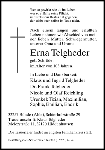 Traueranzeige von Erna Telgheder von Neue Westfälische