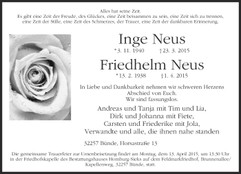 Traueranzeige von Inge und Friedhelm Neus von Neue Westfälische