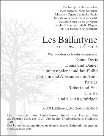 Traueranzeige von Les Ballintyne von Neue Westfälische