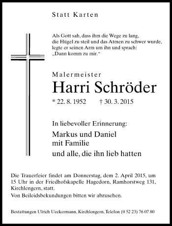 Traueranzeige von Harri Schröder von Neue Westfälische