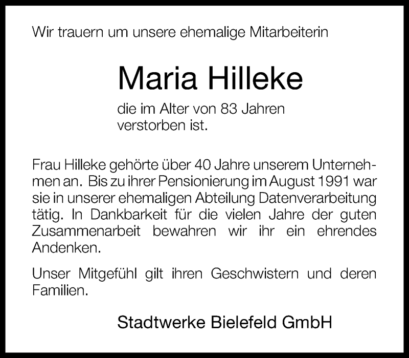  Traueranzeige für Maria Hilleke vom 03.02.2015 aus Neue Westfälische