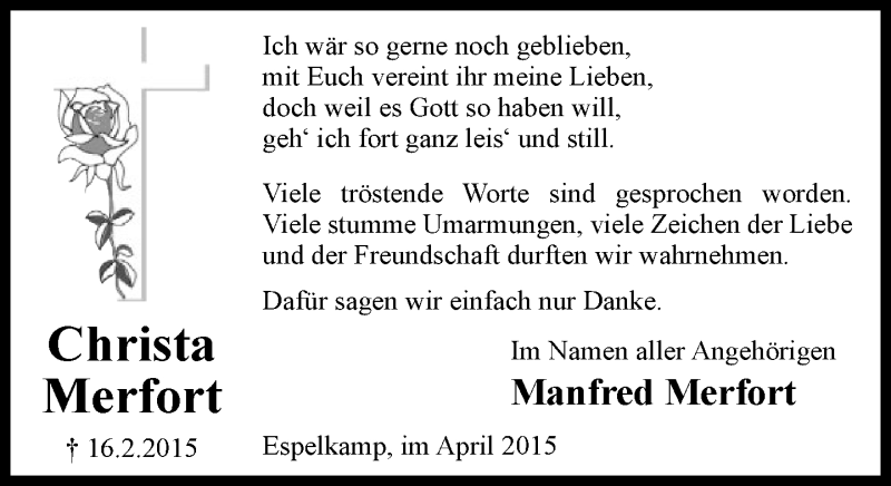  Traueranzeige für Christa Merfort vom 03.04.2015 aus Neue Westfälische