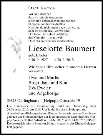 Traueranzeige von Lieselotte Baumert von Neue Westfälische