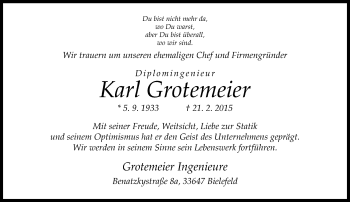 Traueranzeige von Karl Grotemeier von Neue Westfälische