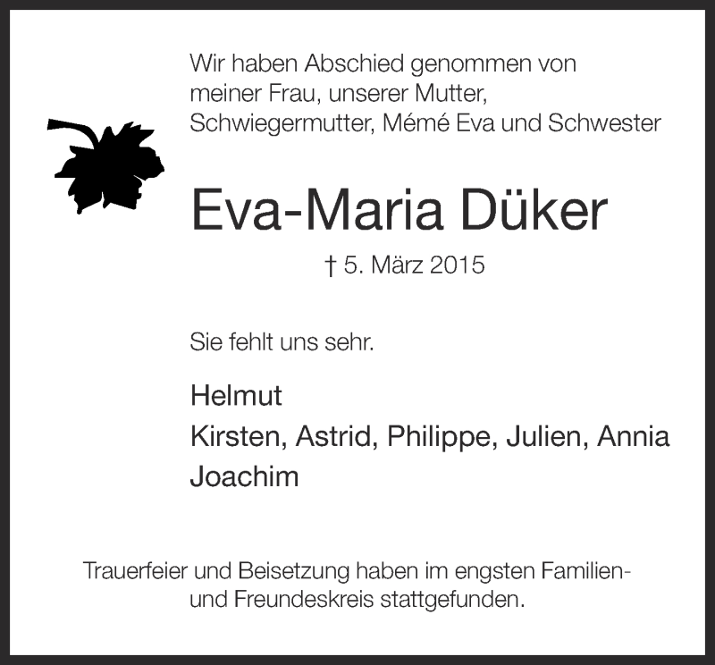  Traueranzeige für Eva-Maria Düker vom 18.03.2015 aus Neue Westfälische