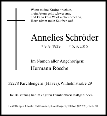 Traueranzeige von Annelies Schröder von Neue Westfälische