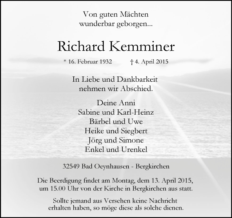  Traueranzeige für Richard Kemminer vom 07.04.2015 aus Neue Westfälische