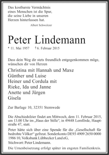 Traueranzeige von Peter Lindemann von Neue Westfälische