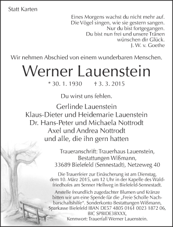 Traueranzeige von Werner Lauenstein von Neue Westfälische