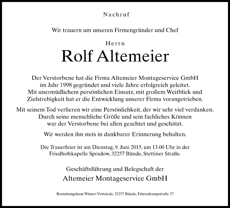  Traueranzeige für Rolf Altemeier vom 06.06.2015 aus Neue Westfälische