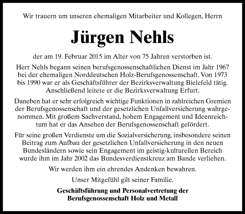  Traueranzeige für Jürgen Nehls vom 28.02.2015 aus Neue Westfälische