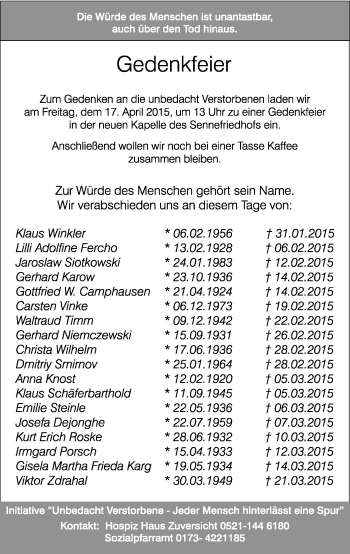 Traueranzeige von In Gedenken Initiative Unbedacht Verstorbene von Neue Westfälische