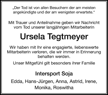 Traueranzeige von Ursela Tegtmeyer von Neue Westfälische