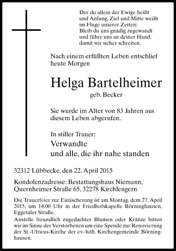 Traueranzeige von Helga Bartelheimer von Neue Westfälische