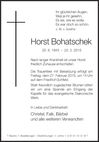 Traueranzeige von Horst Bohatschek von Neue Westfälische