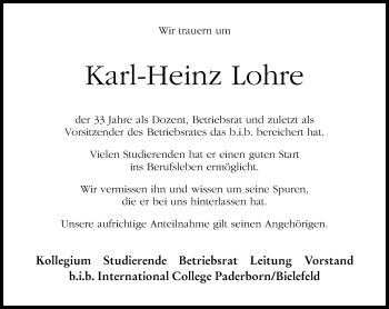 Traueranzeige von Karl-Heinz Lohre von Neue Westfälische