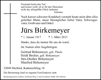 Traueranzeige von Jürs Birkemeyer von Neue Westfälische
