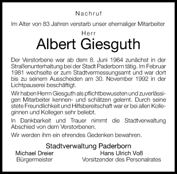 Traueranzeige von Albert Giesguth von Neue Westfälische