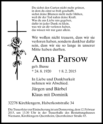 Traueranzeige von Anna Parsow von Neue Westfälische