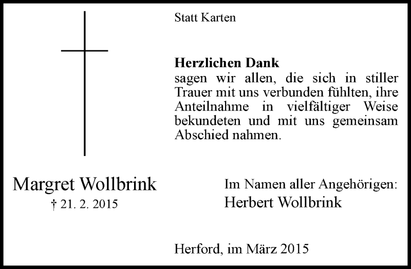  Traueranzeige für Margret Wollbrink vom 21.03.2015 aus Neue Westfälische