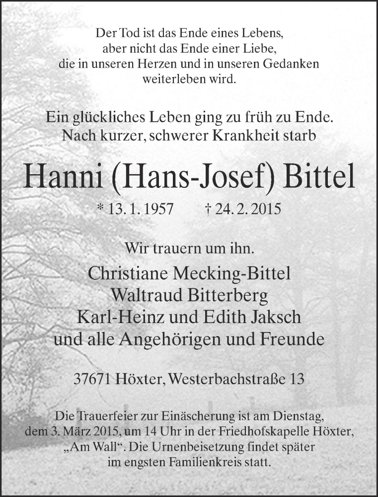  Traueranzeige für Hans-Josef Bittel vom 26.02.2015 aus Neue Westfälische