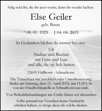 Traueranzeige von Else Geiler von Neue Westfälische