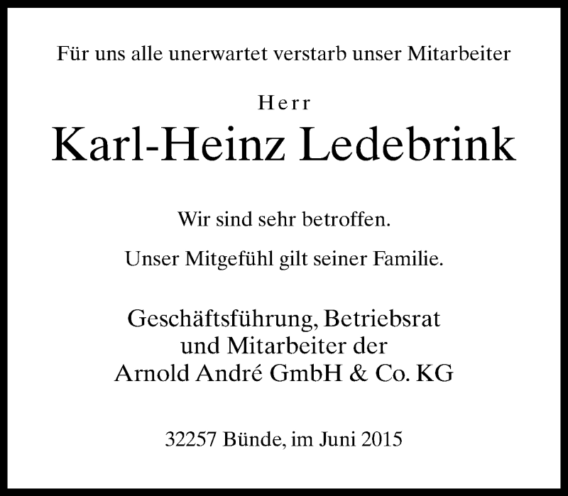  Traueranzeige für Karl-Heinz Ledebrink vom 03.06.2015 aus Neue Westfälische