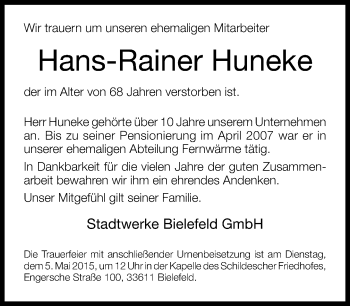 Traueranzeige von Hans-Reiner Huneke von Neue Westfälische
