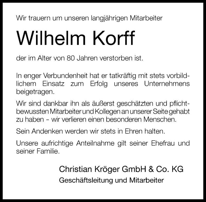  Traueranzeige für Wilhelm Korff vom 01.05.2015 aus Neue Westfälische