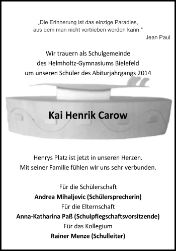 Traueranzeige von Kai Henrik Carow von Neue Westfälische