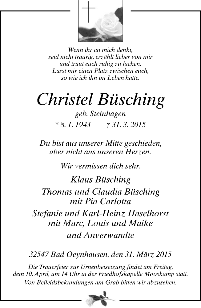  Traueranzeige für Christel Büsching vom 07.04.2015 aus Neue Westfälische