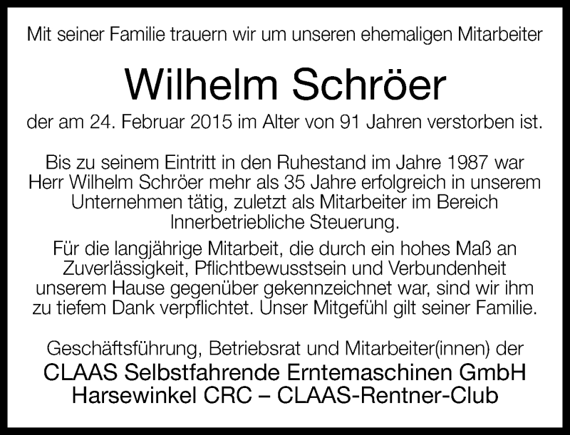  Traueranzeige für Wilhelm Schröer vom 26.02.2015 aus Neue Westfälische